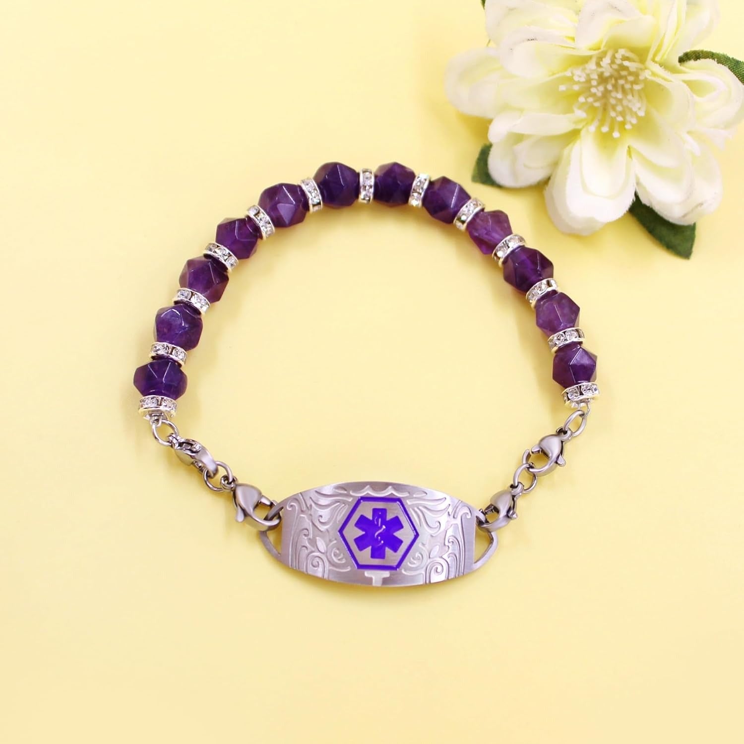 Dynamic QR Code Medical Alert Bracelet for Women, Faceted Purple Crystal Beads Medical ID Bracelet, Scan to Edit Health Info, Stainless Steel Interchangeable Medical Tag