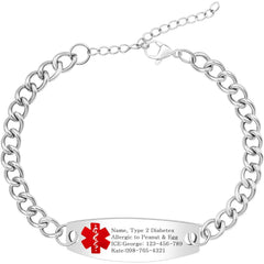 Uloveido Custom Medical ID Bracelet for Men Women | Personalized Engraved Stainless Steel Curb Link Chain Bracelet | Emergency Alert Health Info Jewelry Adjustable 20-25cm