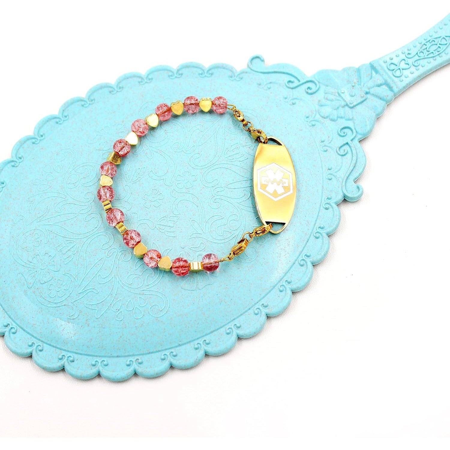 Stainless Steel Medical Alert Bracelet for Women 18K Gold Plated Tarnish Resistant | Laser Engraved or Dynamic QR Code ID Bracelet | Green Pink Purple Crack Bead Heart Adjustable Jewelry