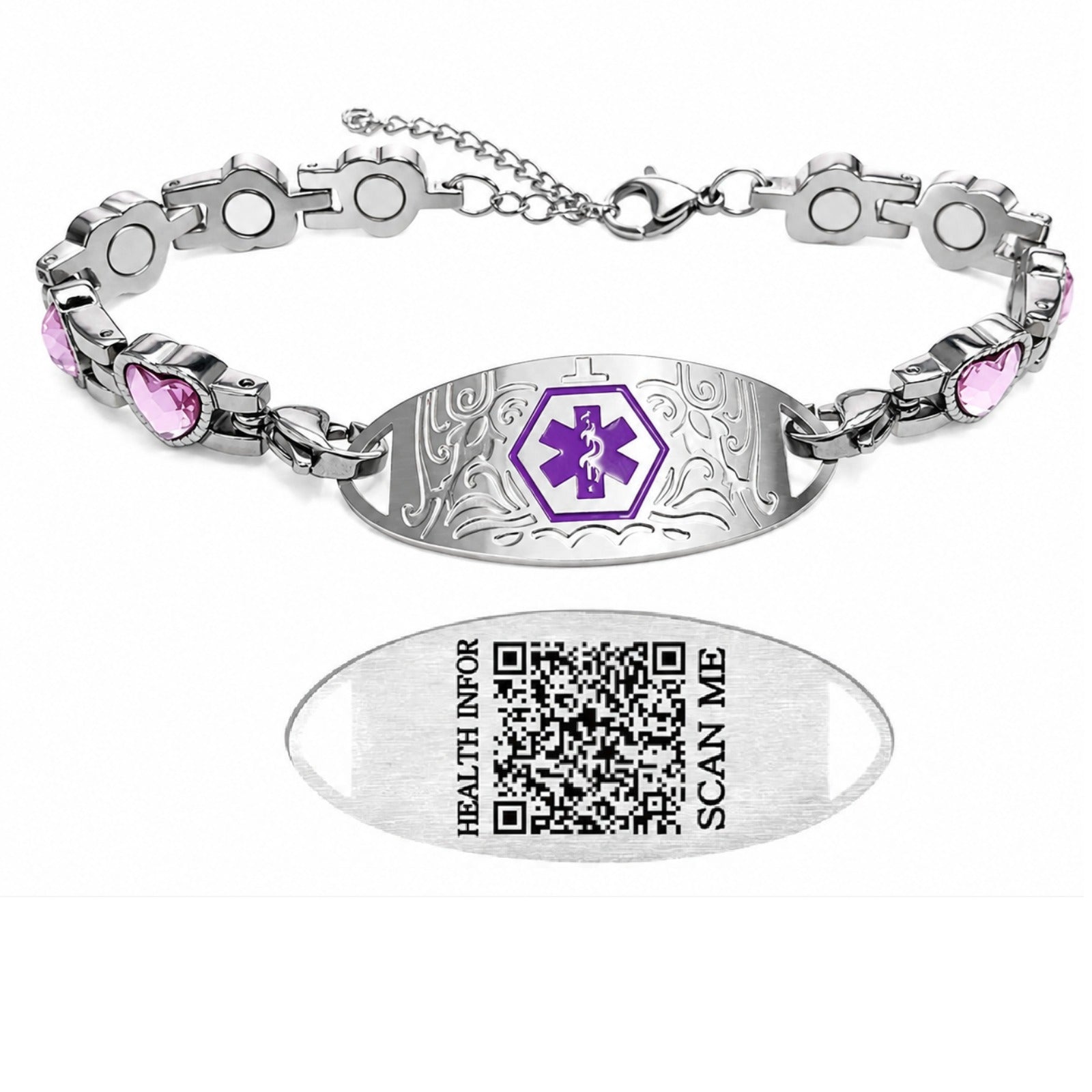 Custom Stainless Steel Medical Alert Bracelet QR Code ID Bracelet for Women Men Adjustable Engraved Emergency Jewelry with Cubic Zirconia Charm