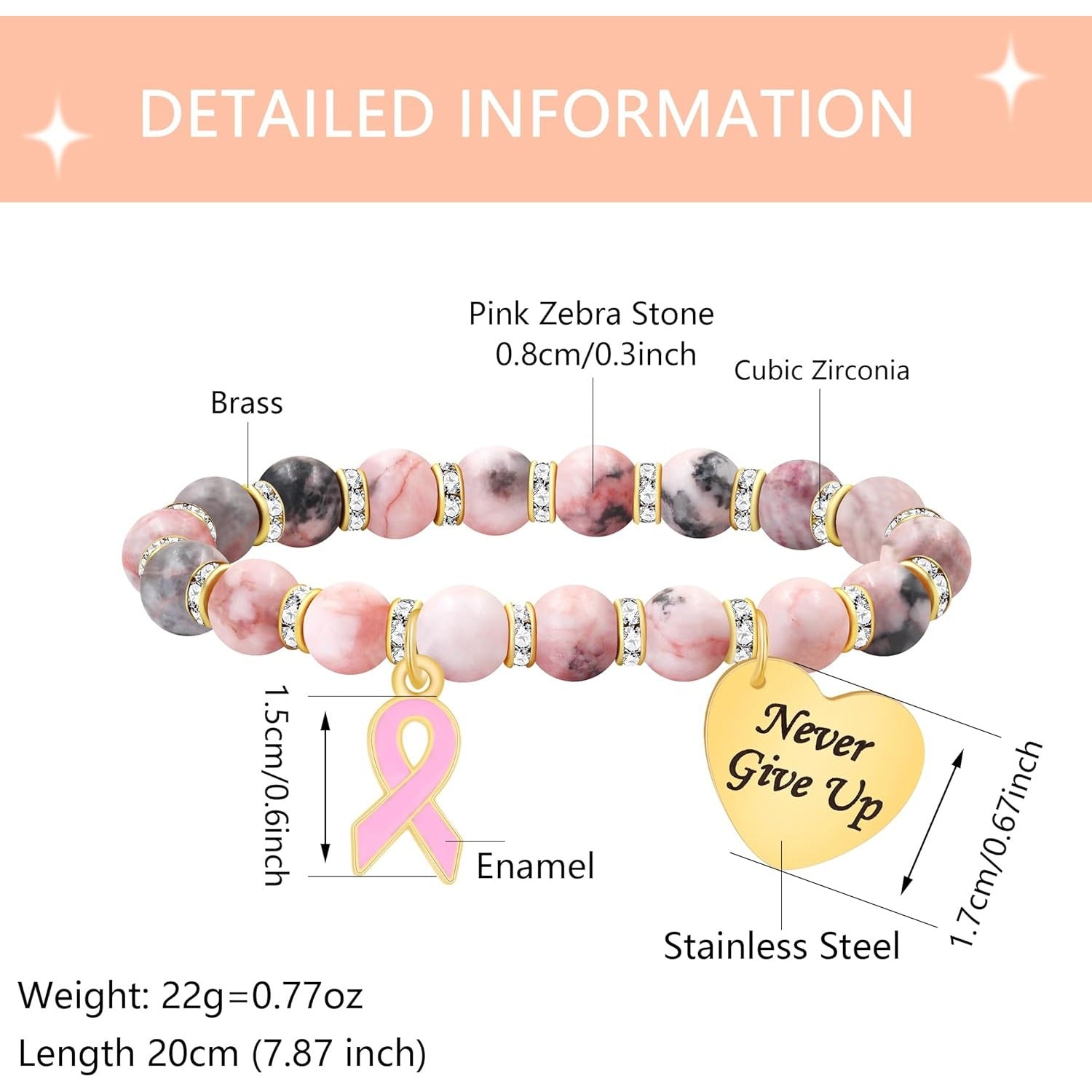 Pink Zebra Jasper Breast Cancer Awareness Bracelet – Never Give Up Heart Charm & Pink Ribbon, Stretch Beaded Natural Stone Bracelet for Women, Inspirational Cancer Support Jewelry Gift