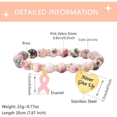 Pink Zebra Jasper Breast Cancer Awareness Bracelet – Never Give Up Heart Charm & Pink Ribbon, Stretch Beaded Natural Stone Bracelet for Women, Inspirational Cancer Support Jewelry Gift