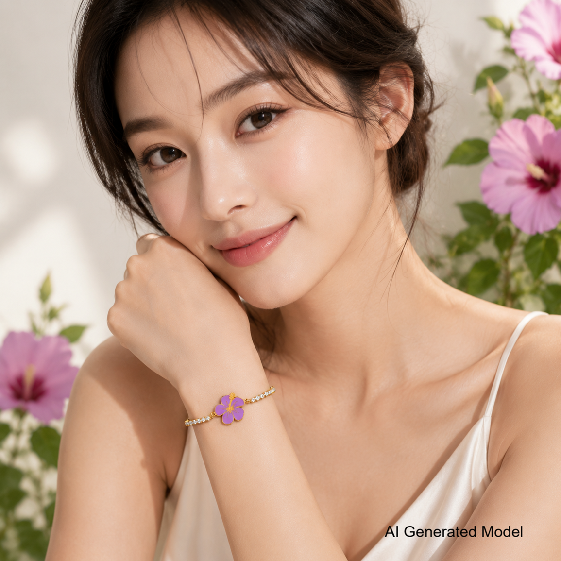 Hibiscus Flower Tennis Bracelet for Women | Gold Plated Stainless Steel Cubic Zirconia Adjustable Slide Clasp Bracelet | Red & Purple Enamel Floral Jewelry Gift