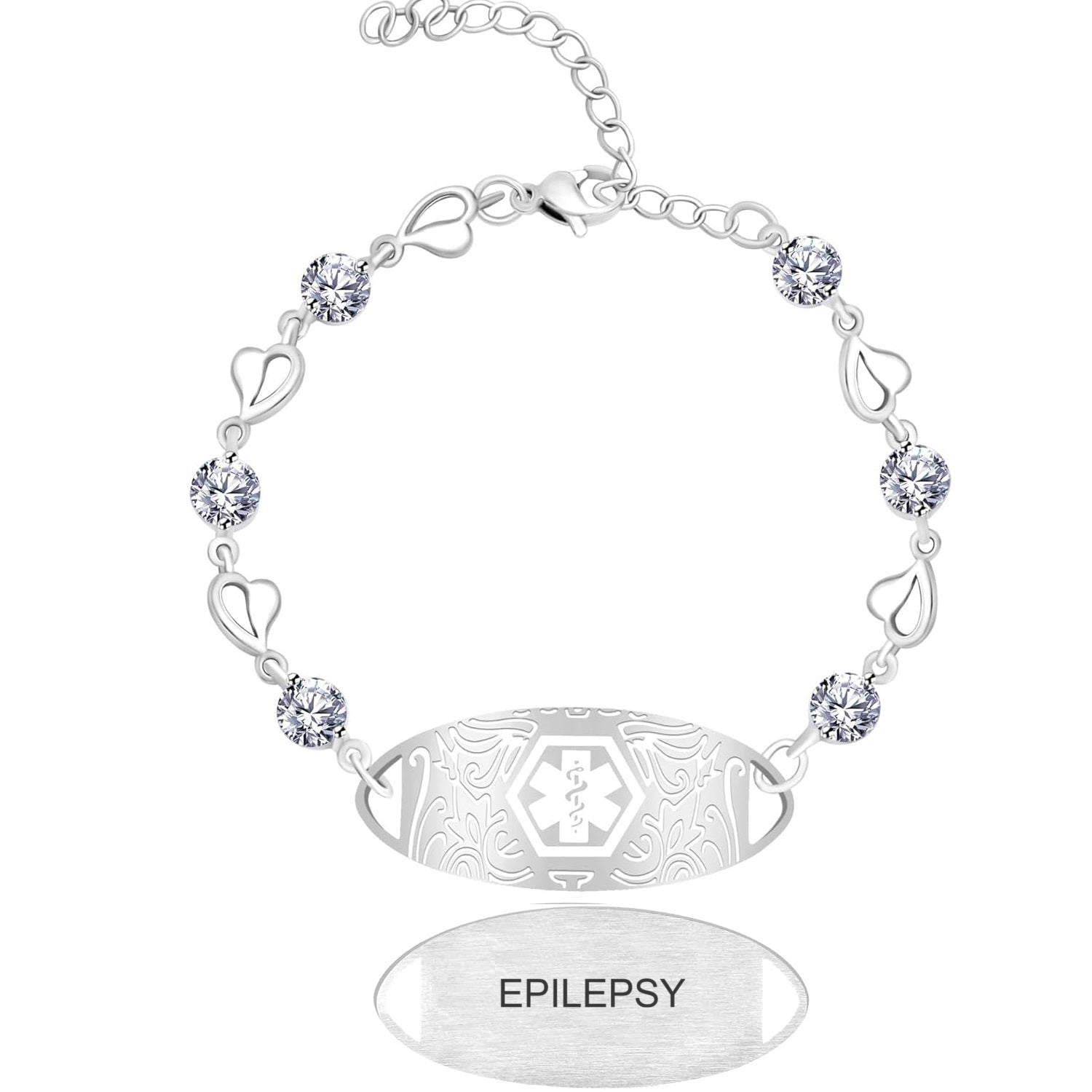 Uloveido Custom Medical ID Bracelet with White Cubic Zirconia | Elegant Floral Enamel Design | Adjustable QR Code & Engraved Emergency Contact EMS Bracelet for Women and Travelers