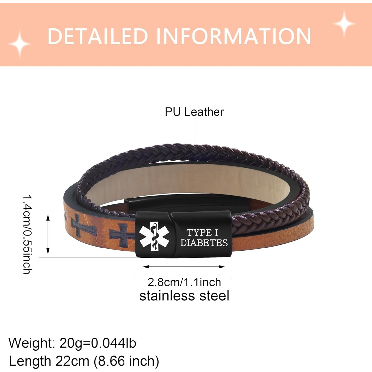 Dynamic QR Code Medical Alert Bracelet for Men Scan to Update Medical Info No Medical Info Needed at Checkout Braided PU Leather Cross Emergency ID Bracelet Waterproof Lightweight for Outdoor Sports Daily Wear