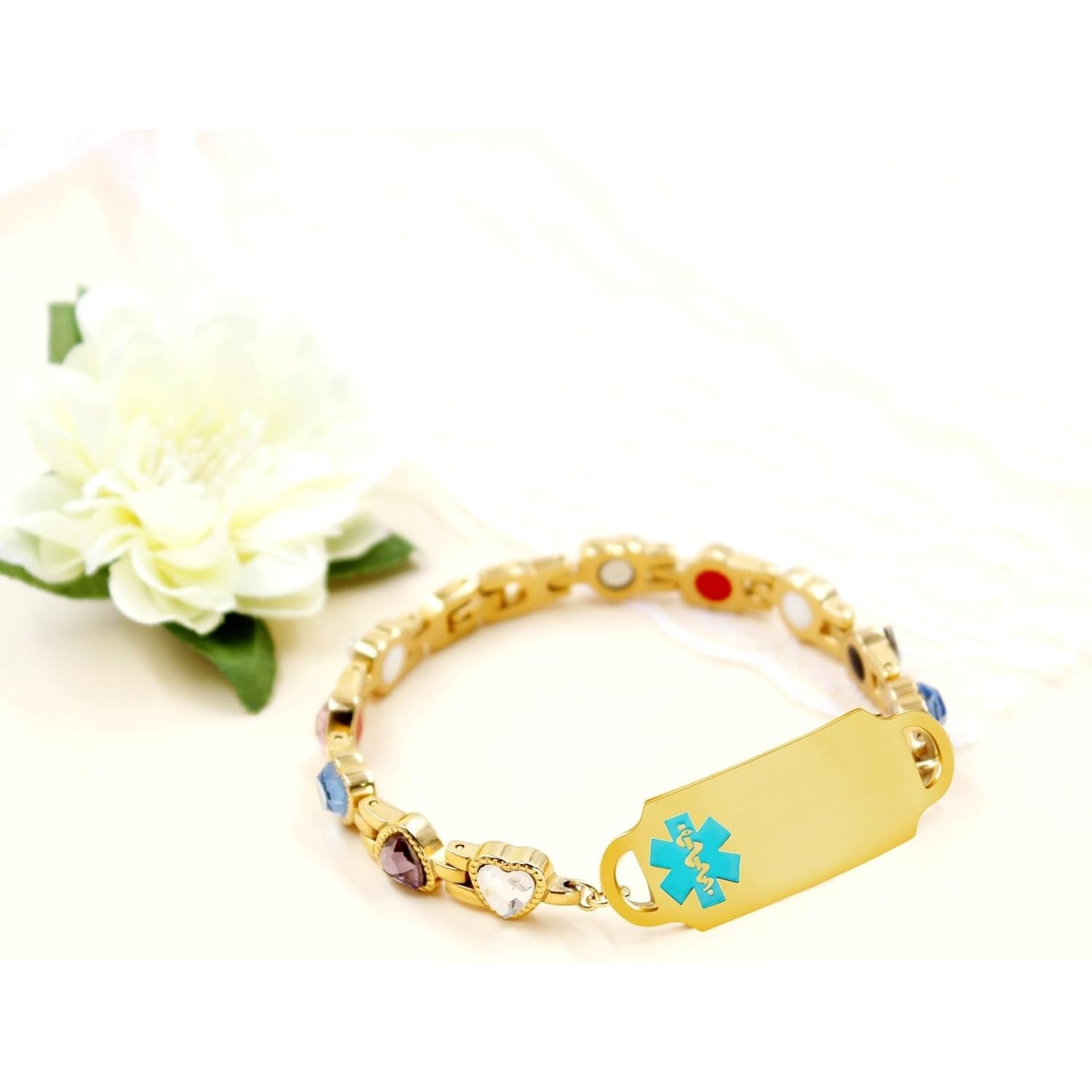 Dynamic QR Code Medical Alert Bracelet for Women, 18K Gold Plated Stainless Steel Medical ID Bracelet with HeartShaped Colorful Zircon Stones, Scan to Update Medical Information, Adjuster Included