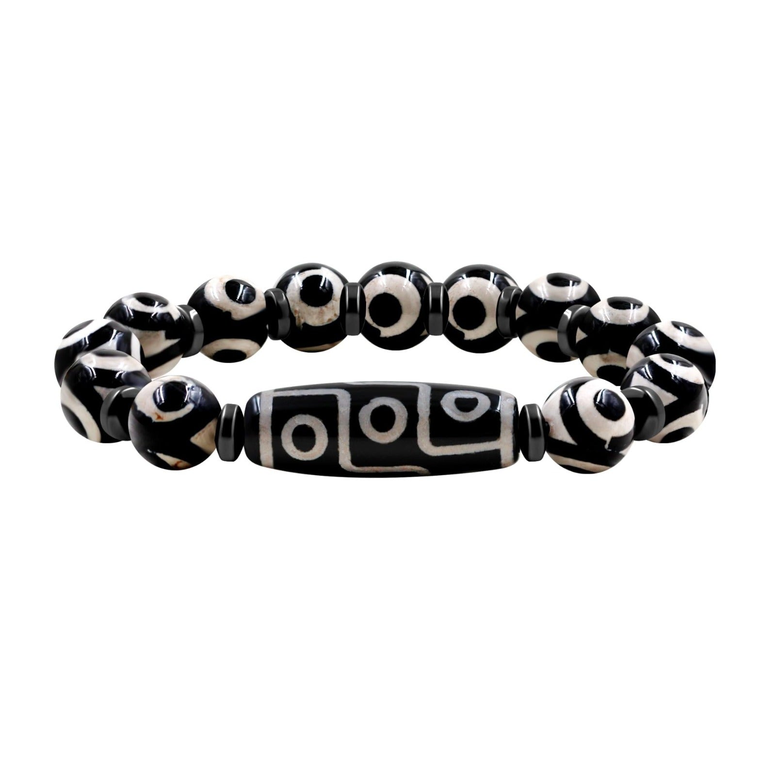 Dzi Bead Tibetan Bracelet for Men Women | Nine Eye Dzi Agate Beaded Bracelet with Hematite Spacers | Feng Shui Buddhist Meditation Amulet Adjustable Style Jewelry Brown Green Black YA5102