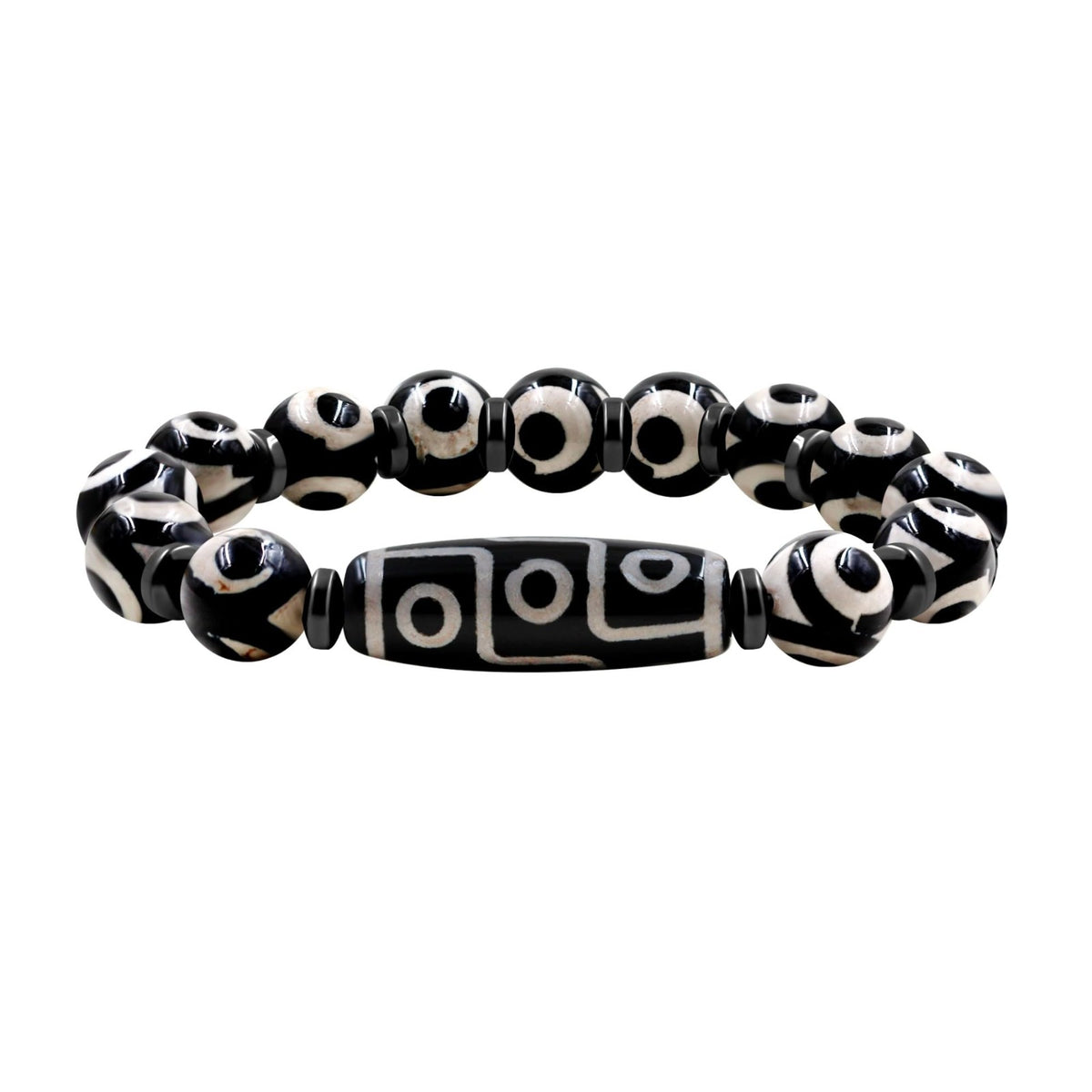 Dzi Bead Tibetan Bracelet for Men Women | Nine Eye Dzi Agate Beaded Bracelet with Hematite Spacers | Feng Shui Buddhist Meditation Amulet Adjustable Style Jewelry Brown Green Black YA5102