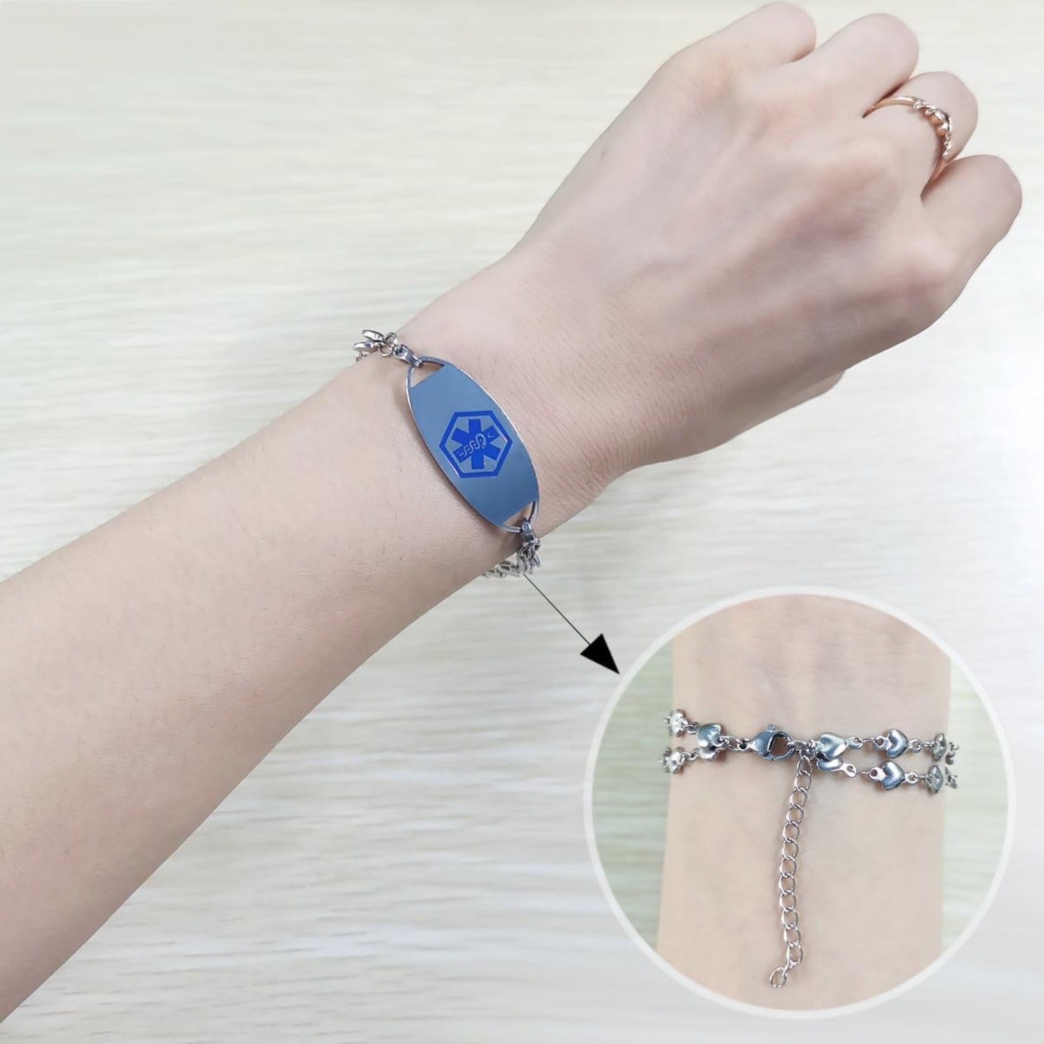 Double Layer Heart Link Medical Alert Bracelet, Stainless Steel with Dynamic QR Code – No Pre-Order Info Needed, Dual Lobster Clasps, Interchangeable ID Tag, Fashion Emergency Health Bracelet