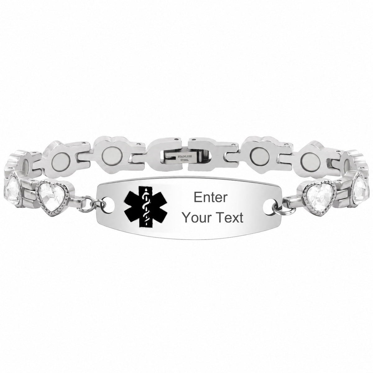 Women’s Medical ID Bracelet with Heart Shaped Zircon Link Chain, Adjustable Stainless Steel Emergency Alert Bracelet, Personalized Engraved Health Info Jewelry for Daily Wear