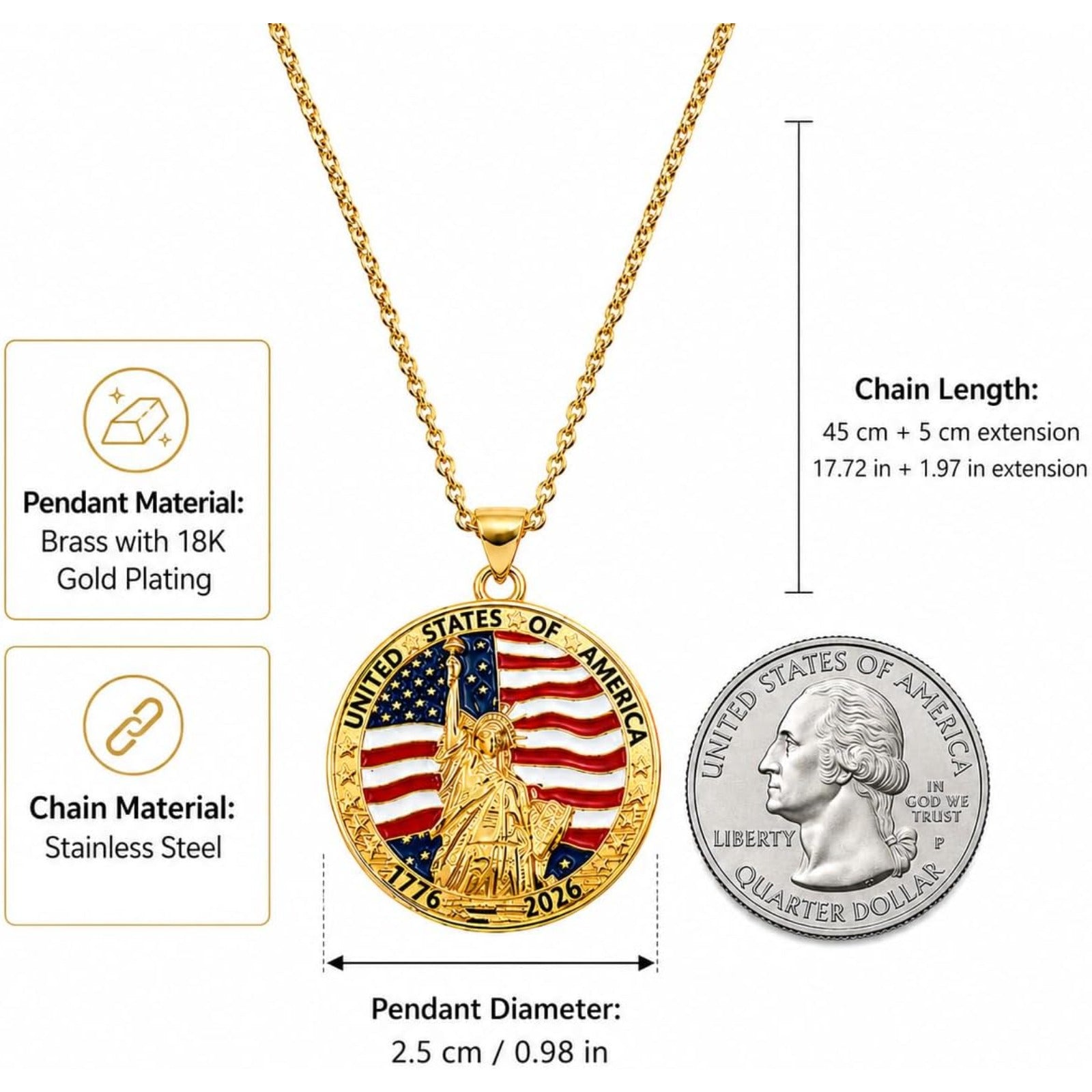 USA 250th Anniversary Necklace for Men Women, 1776 2026 Commemorative Pendant, 18K Golden Plated Brass Statue of Liberty American Flag Necklace with Stainless Steel Chain, Patriotic Jewelry Gift