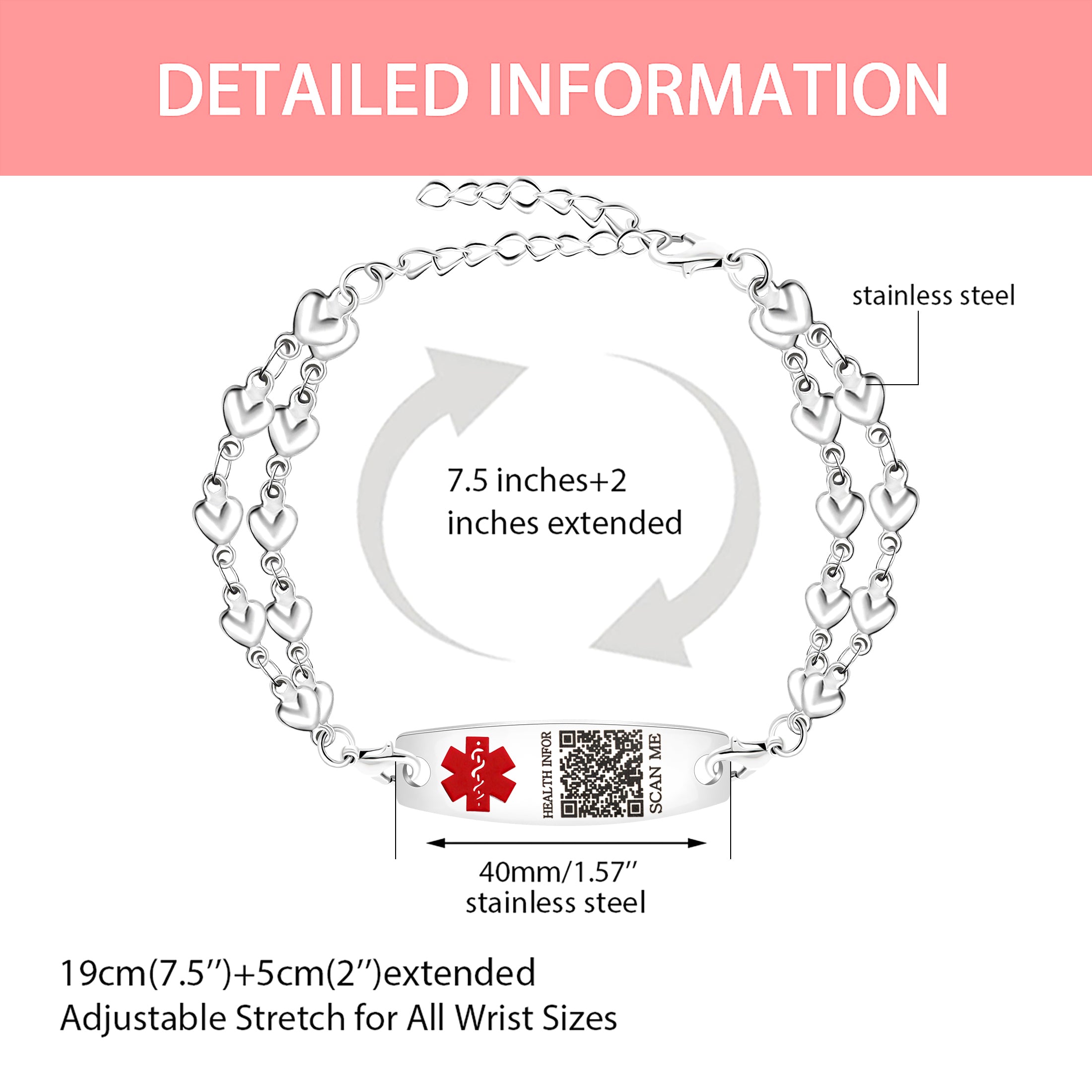 Uloveido Heart Medical ID Bracelet for Women, Double Chain Stainless Steel Emergency Info Wristband, Dynamic QR Code or Personalized Engraving, Adjustable Safety Jewelry for Daily Wear