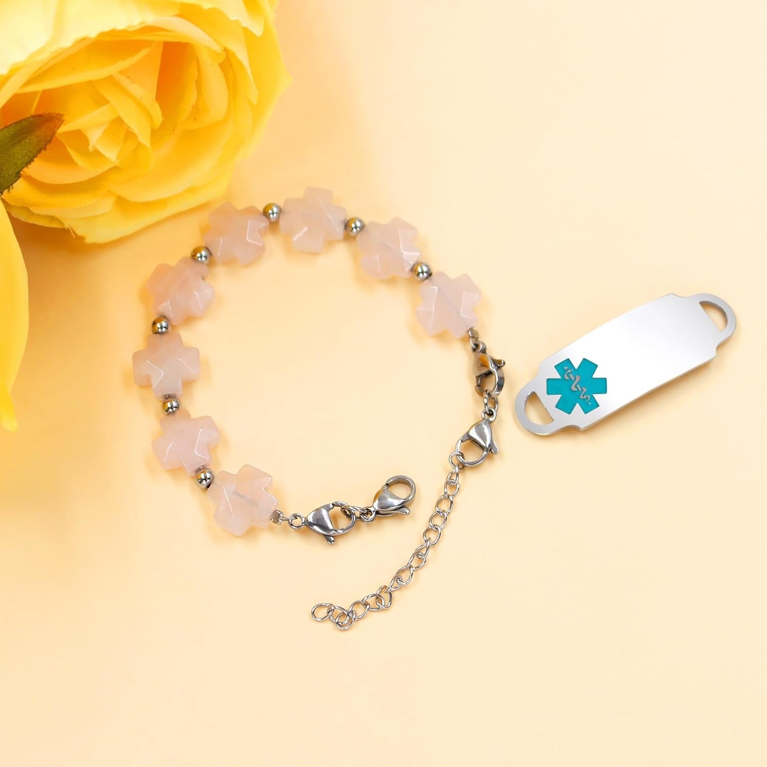 Rose Quartz QR Code Medical Alert Bracelet Scan to Edit Medical Info No Custom Info Required Greek Cross Beaded Emergency ID Bracelet for Women Stainless Steel