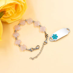 Rose Quartz QR Code Medical Alert Bracelet Scan to Edit Medical Info No Custom Info Required Greek Cross Beaded Emergency ID Bracelet for Women Stainless Steel