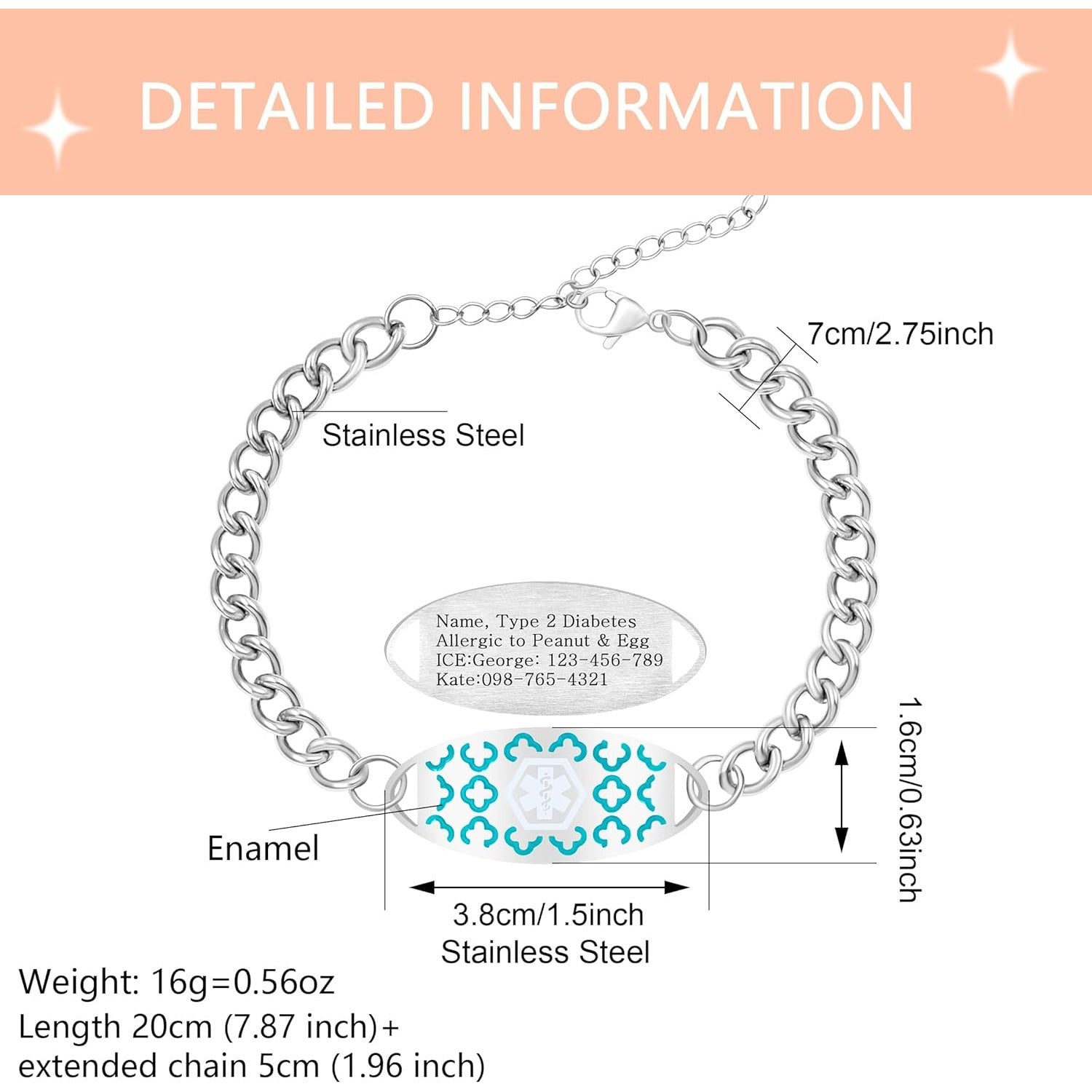 Dynamic QR Code Medical Alert Bracelet for Women, Teal Stainless Steel Medical ID Bracelet, Scan to Update Medical Information, No Engraving Required, Adjustable Emergency Medical Jewelry