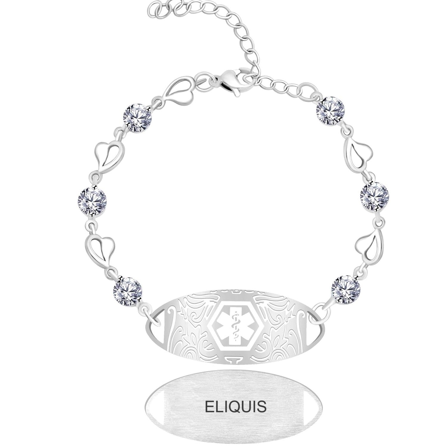 Uloveido Custom Medical ID Bracelet with White Cubic Zirconia | Elegant Floral Enamel Design | Adjustable QR Code & Engraved Emergency Contact EMS Bracelet for Women and Travelers