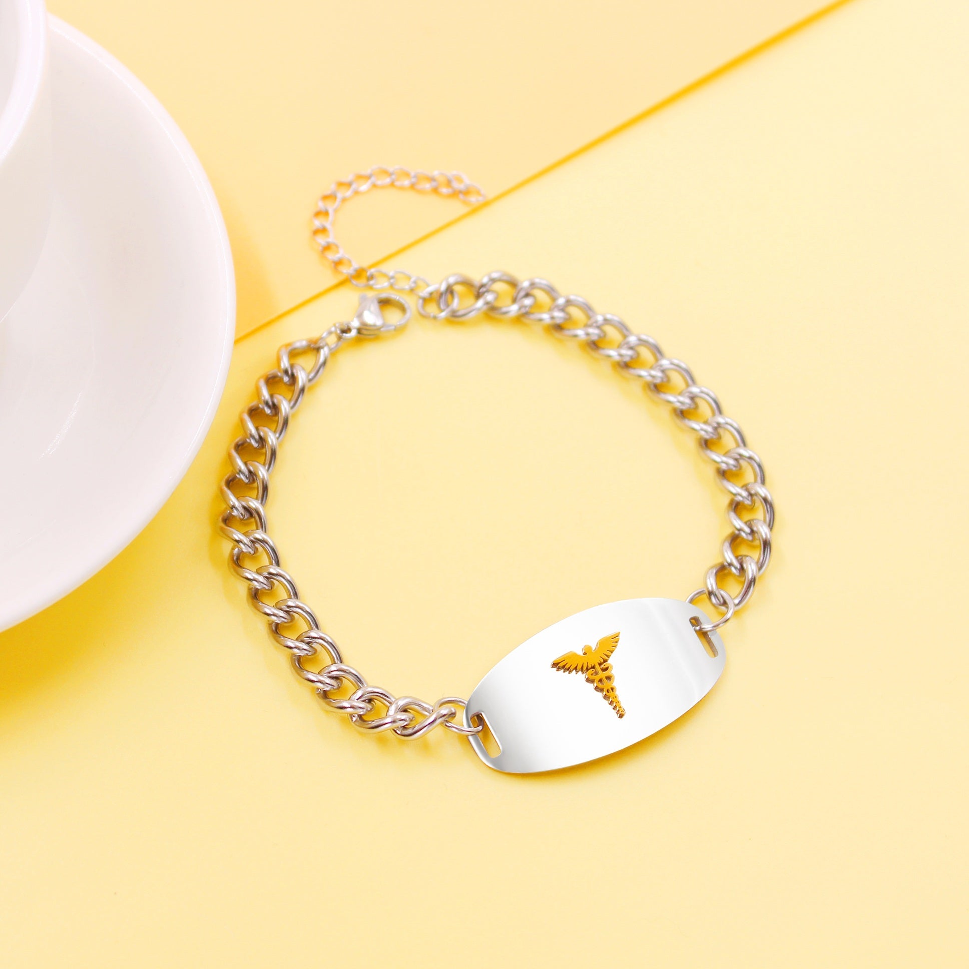 Stainless Steel Medical Alert Bracelet with Golden Caduceus Symbol Men Women | Laser Engraved or Dynamic QR Code Medical ID Bracelet | Adjustable Chain Emergency Contact Allergy ID Jewelry Black White