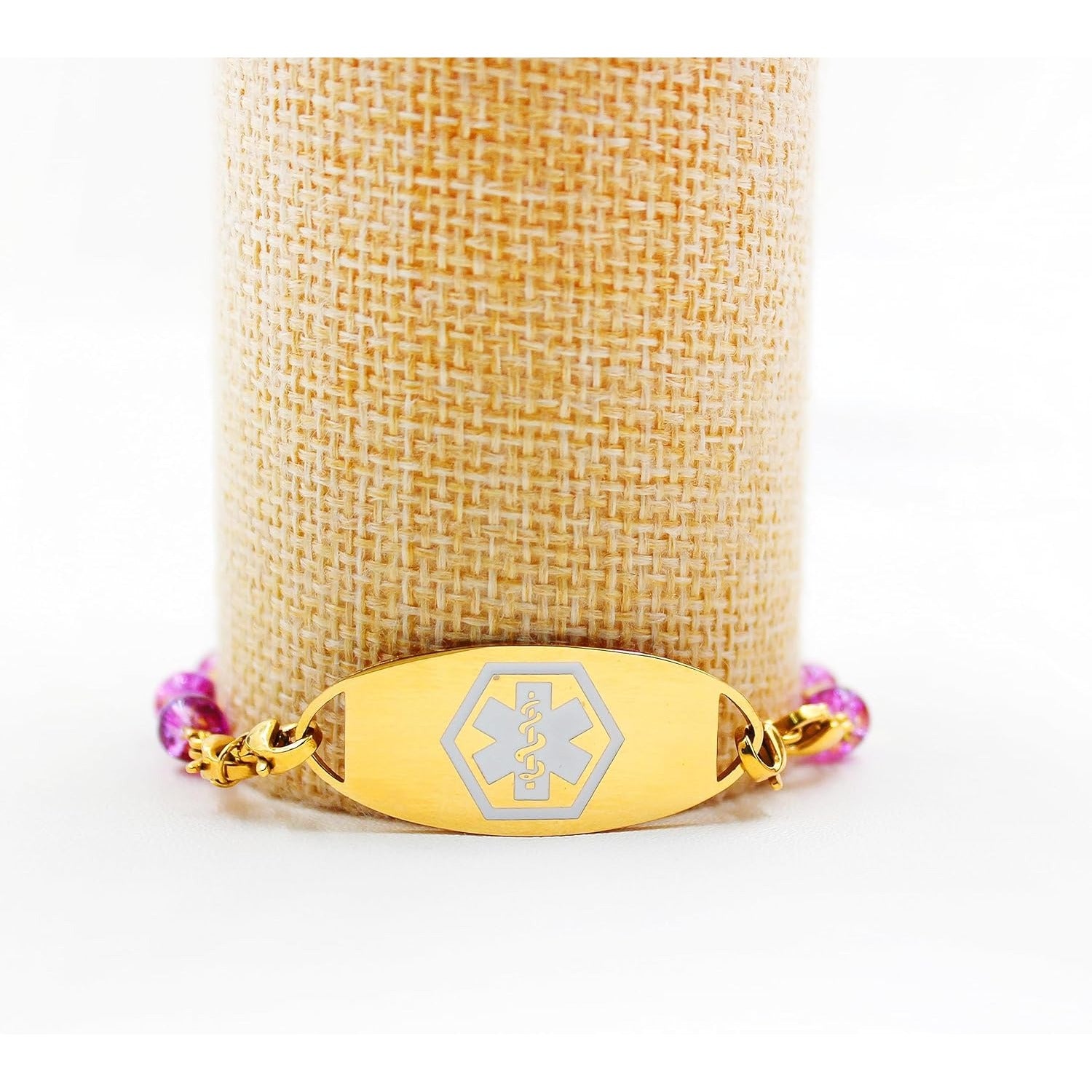 Stainless Steel Medical Alert Bracelet for Women 18K Gold Plated Tarnish Resistant | Laser Engraved or Dynamic QR Code ID Bracelet | Green Pink Purple Crack Bead Heart Adjustable Jewelry