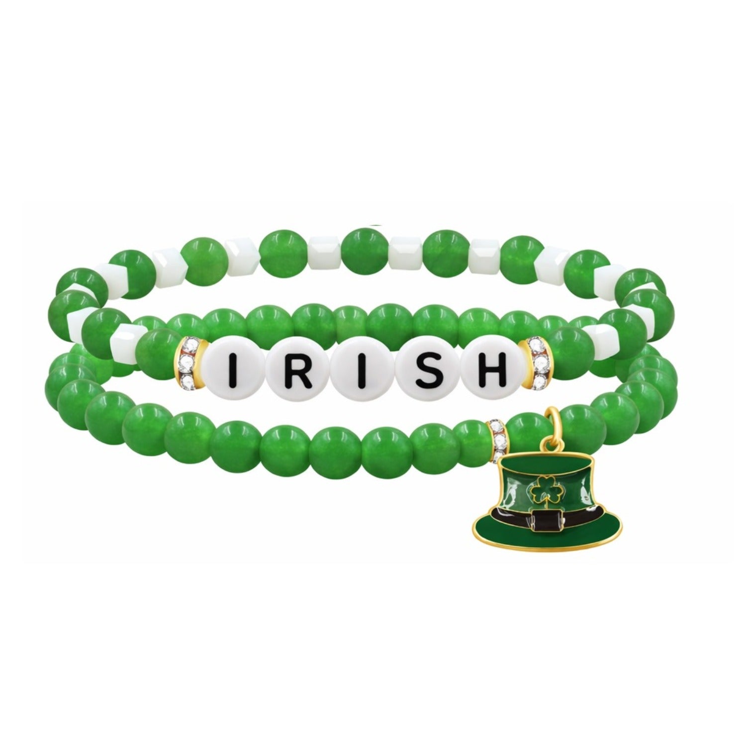 St Patricks Day Green Beaded Bracelet for Women Girls, LUCKY IRISH BLESS Letter Options, Stretch Shamrock Leprechaun Hat Charm Bracelet, Irish Lucky Jewelry Gift