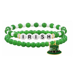 St Patricks Day Green Beaded Bracelet for Women Girls, LUCKY IRISH BLESS Letter Options, Stretch Shamrock Leprechaun Hat Charm Bracelet, Irish Lucky Jewelry Gift
