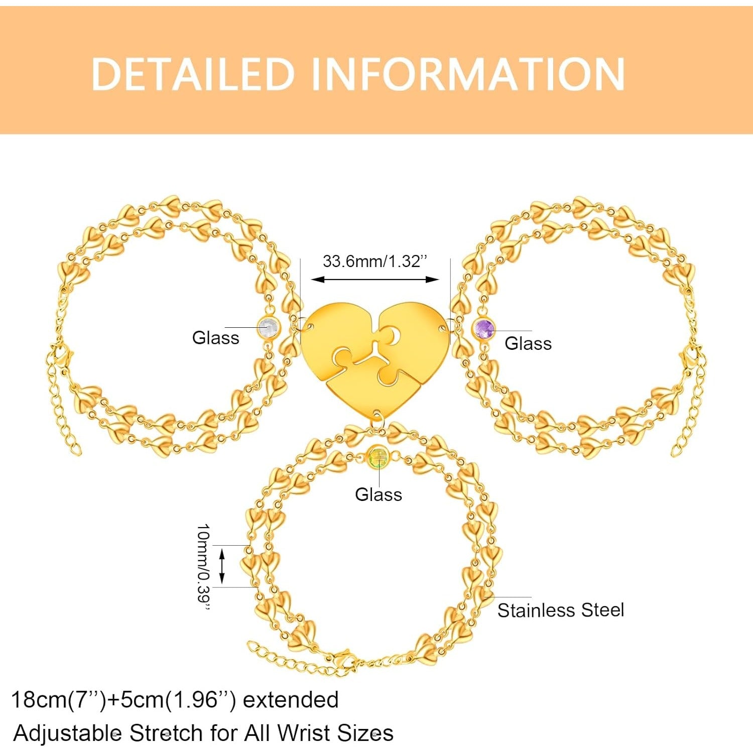 Uloveido Personalized 3 Pieces BFF Heart Puzzle Bracelets with 3 Gift Boxes – Custom Name Stainless Steel Matching Friendship Bracelets for 3 Best Friends
