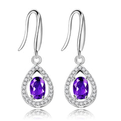 925 Sterling Silver Natural Amethyst Teardrop Earrings Purple Crystal Earring Dangle Birthstone FR027 (Amethyst)