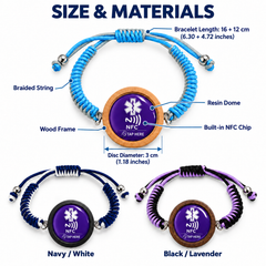 NFC Medical Alert Bracelet, Editable Medical ID, Adjustable Braided Wristband, Wooden Medical Bracelet for Women and Men