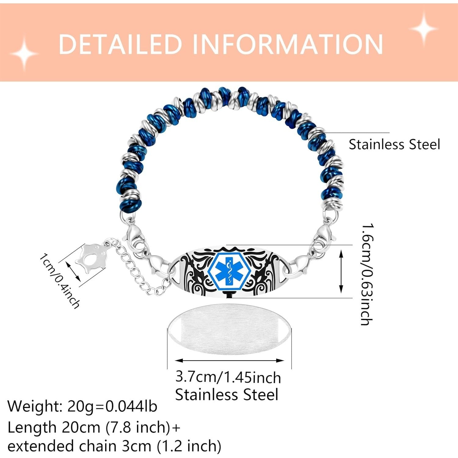 Blue & White Circle Style Stainless Steel Medical Alert Bracelet for Women Custom Engraved Medical ID with QR Code | Interchangeable Medical Plate, Double Lobster Clasp, Fashion Safety Jewelry YA5541