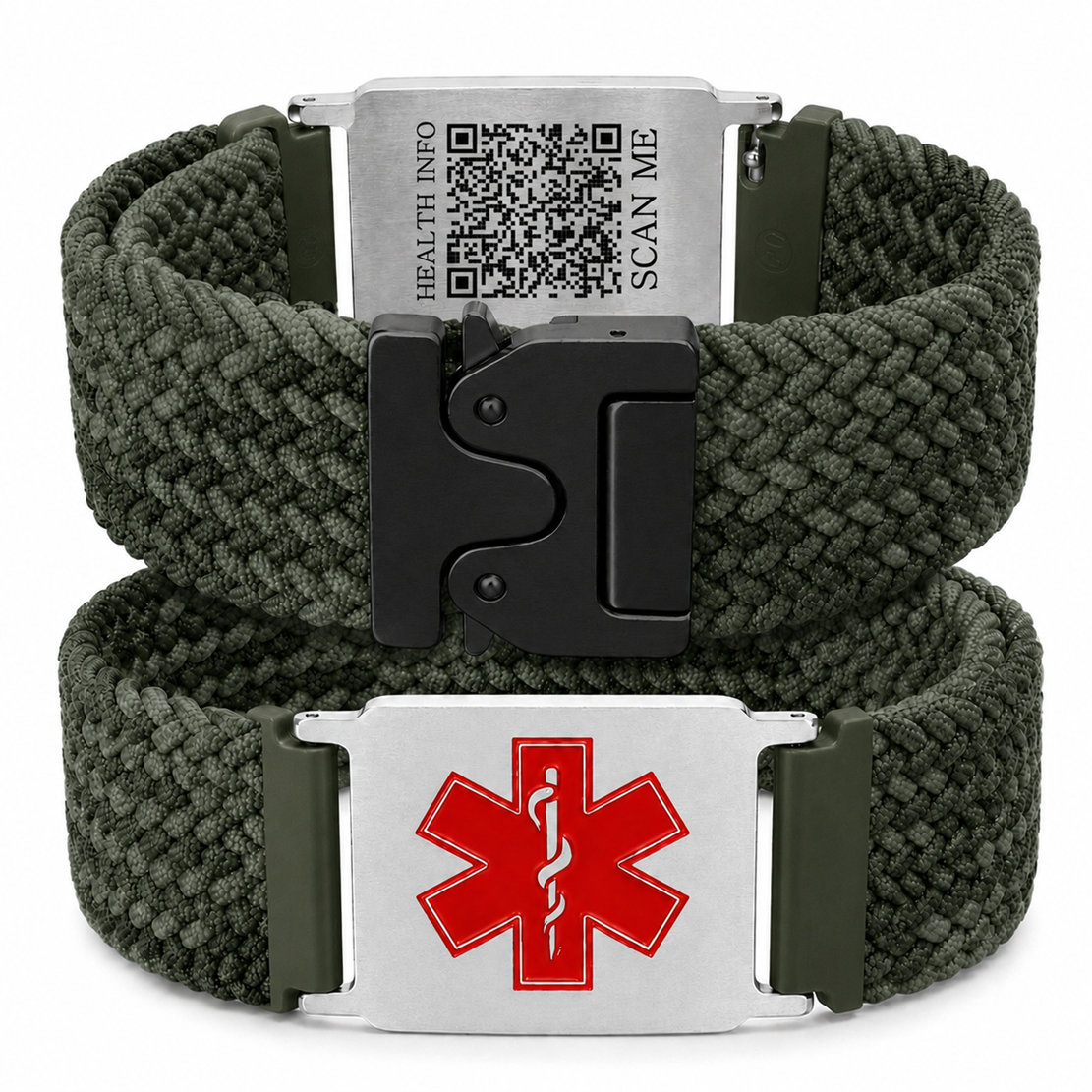 Uloveido Personalized Nylon Medical ID Bracelet with Laser-Engraved Medical Alert Tag and Dynamic QR Code, Braided Elastic Watch Band with Secure Parachute-Style Buckle, 20mm Adjustable for Men