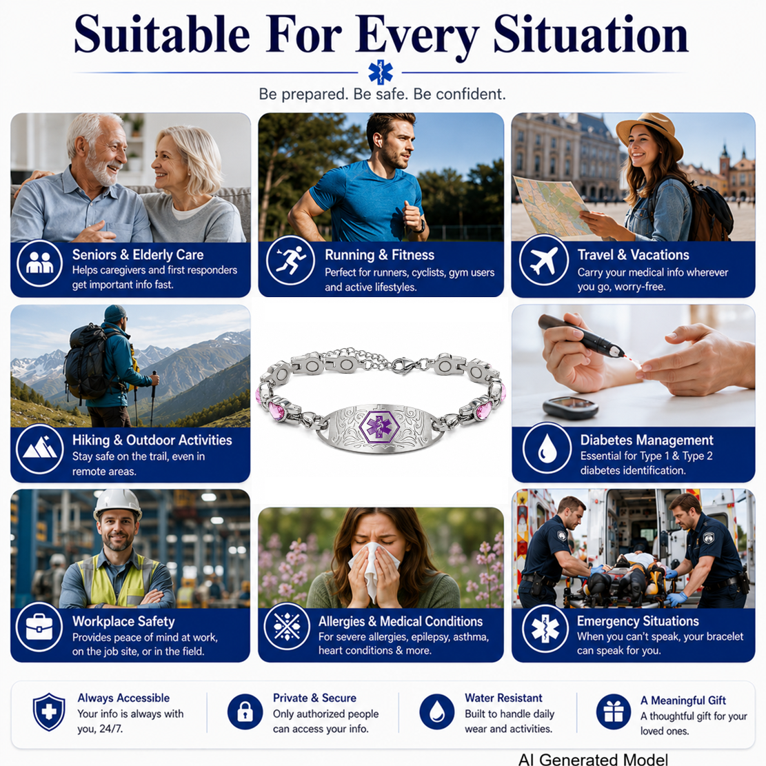 Custom Stainless Steel Medical Alert Bracelet QR Code ID Bracelet for Women Men Adjustable Engraved Emergency Jewelry with Cubic Zirconia Charm