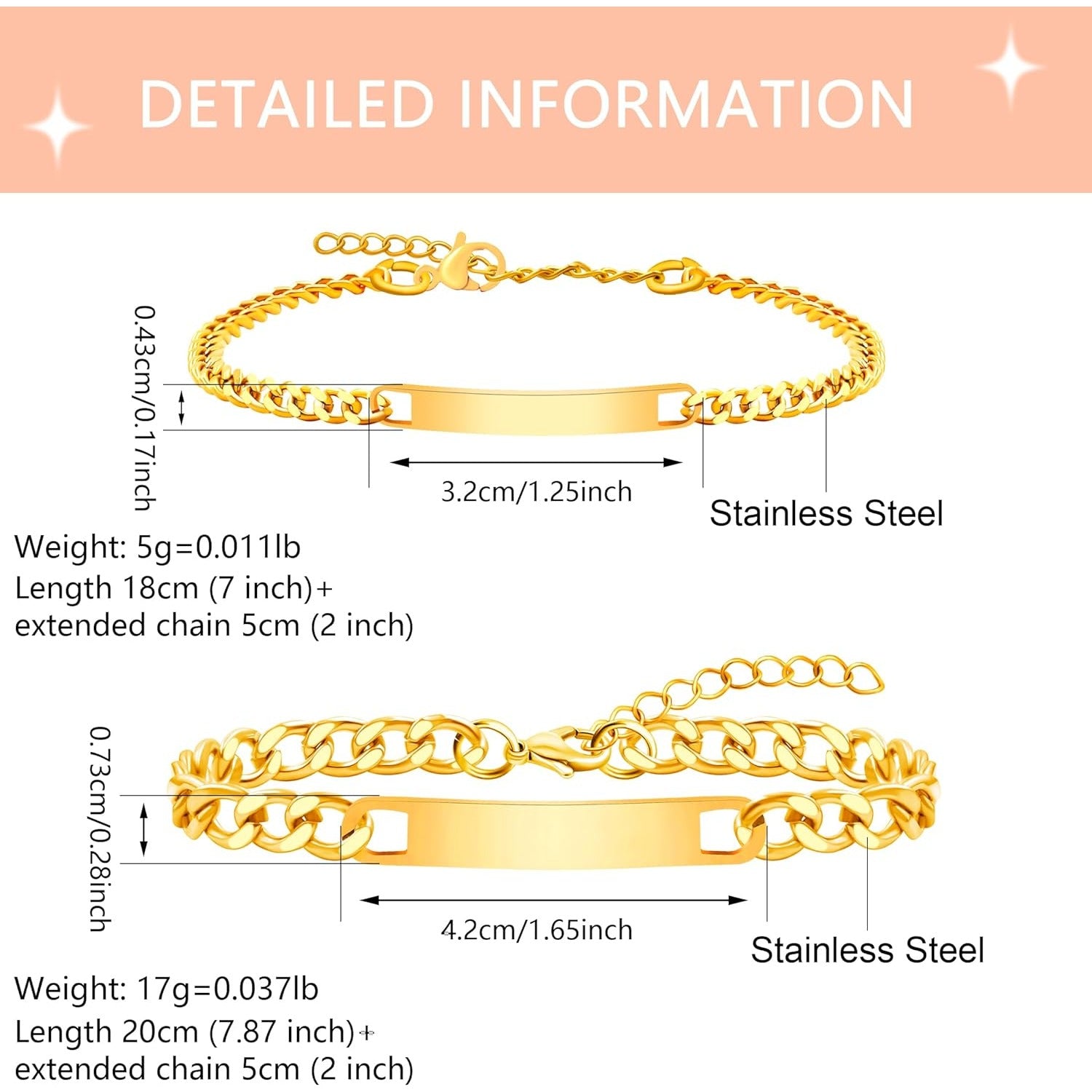 Uloveido 2PCS Personalized Couple Chain Bracelets, Custom Engraved Stainless Steel His and Hers Matching Bracelets for Men Women, Adjustable Jewelry Gift with Rose Box YA5889