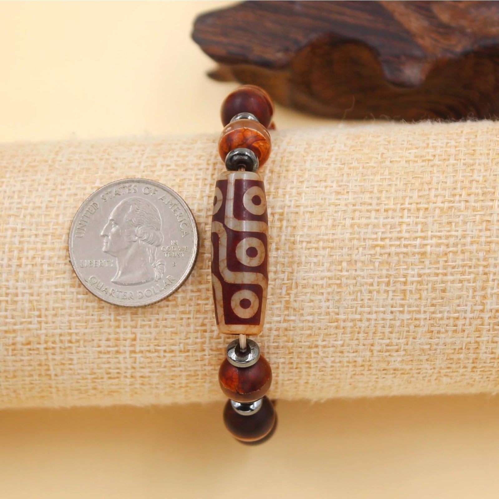 Dzi Bead Tibetan Bracelet for Men Women | Nine Eye Dzi Agate Beaded Bracelet with Hematite Spacers | Feng Shui Buddhist Meditation Amulet Adjustable Style Jewelry Brown Green Black YA5102