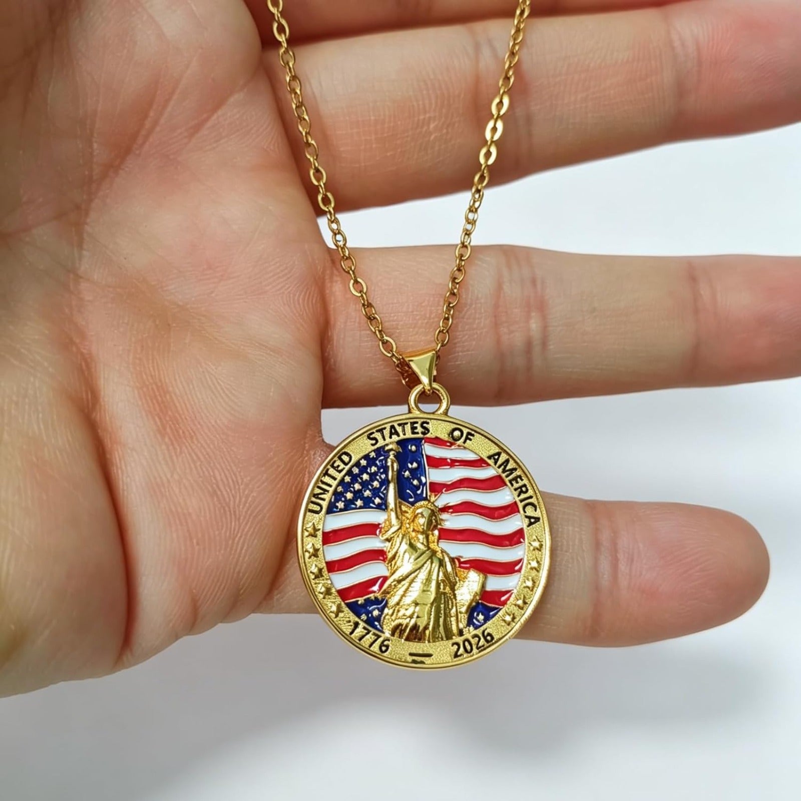USA 250th Anniversary Necklace for Men Women, 1776 2026 Commemorative Pendant, 18K Golden Plated Brass Statue of Liberty American Flag Necklace with Stainless Steel Chain, Patriotic Jewelry Gift