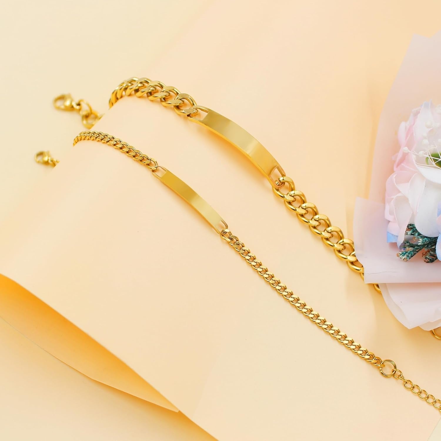 Uloveido 2PCS Personalized Couple Chain Bracelets, Custom Engraved Stainless Steel His and Hers Matching Bracelets for Men Women, Adjustable Jewelry Gift with Rose Box YA5889