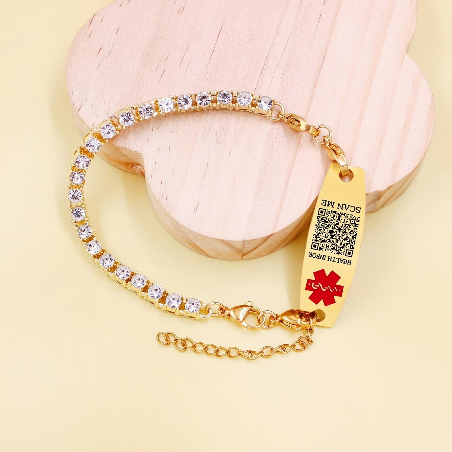 Editable QR Code Medical Alert Bracelet, 18K Gold Plated Stainless Steel Rhinestone Emergency ID Bracelet with Red Medical Symbol, Double Lobster Clasp, Scan to Update Health Info