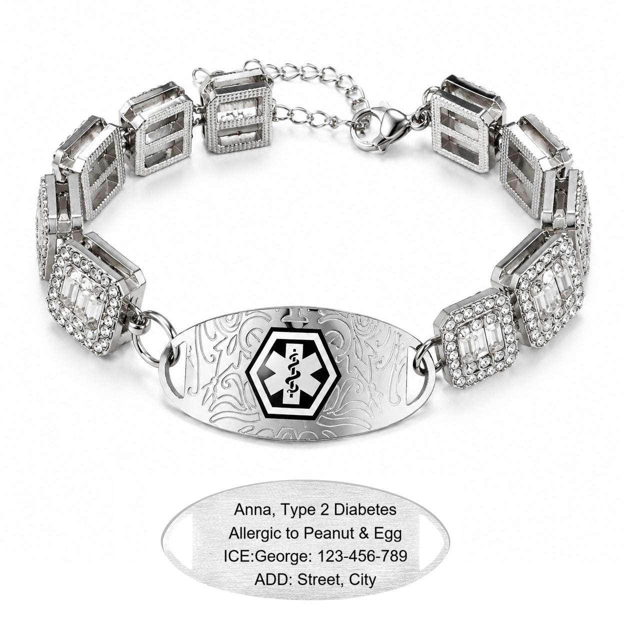 Rhinestone Medical ID Bracelet for Women, Luxury Square Link Chain Bracelet with Stainless Steel ID Plate, Custom Engraving or QR Code Emergency Information Jewelry, Adjustable Safety Bracelet