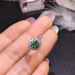 Uloveido S925 Sterling Silver Green Moissanite Solitaire Round Ring for Women, Open Size Engagement Wedding Promise Rings Jewelry