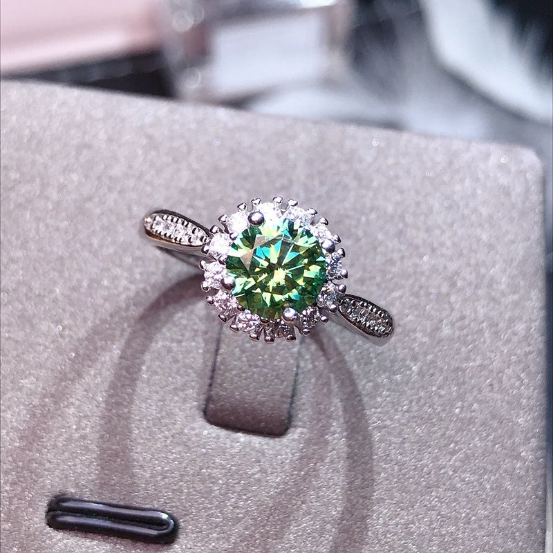 Uloveido S925 Sterling Silver Green Moissanite Solitaire Round Ring for Women, Open Size Engagement Wedding Promise Rings Jewelry