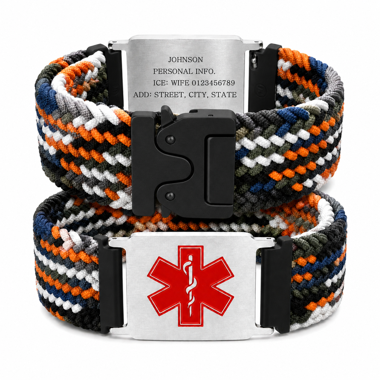 Uloveido Personalized Nylon Medical ID Bracelet with Laser-Engraved Medical Alert Tag and Dynamic QR Code, Braided Elastic Watch Band with Secure Parachute-Style Buckle, 20mm Adjustable for Men