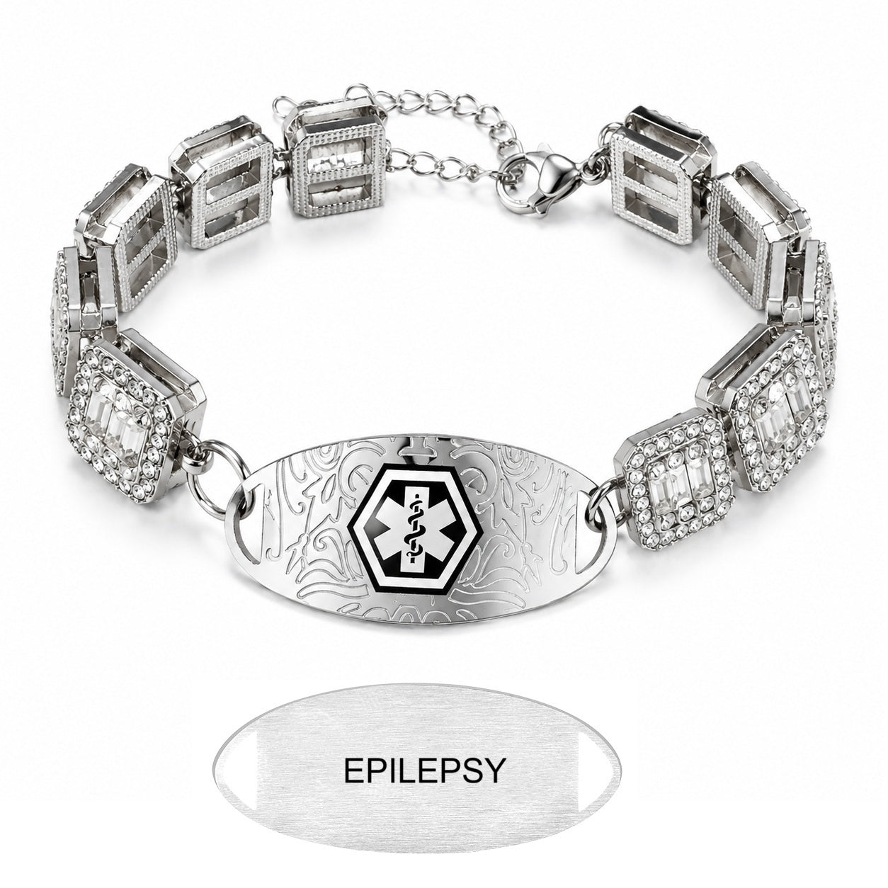 Rhinestone Medical ID Bracelet for Women, Luxury Square Link Chain Bracelet with Stainless Steel ID Plate, Custom Engraving or QR Code Emergency Information Jewelry, Adjustable Safety Bracelet