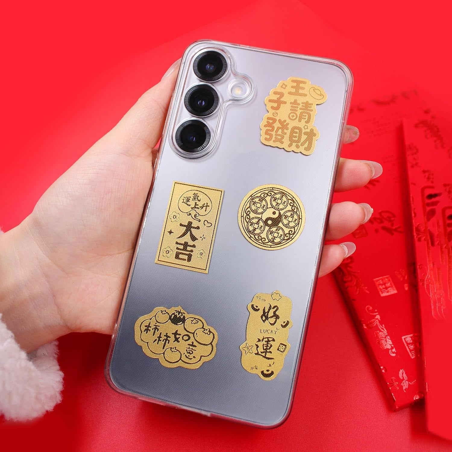 Uloveido Gold Foil Phone Sticker Set, 5pcs Lucky Feng Shui Decals, Chinese New Year Wealth & Good Luck Amulet Stickers, Traditional Chinese Blessing Phone Decor Gift