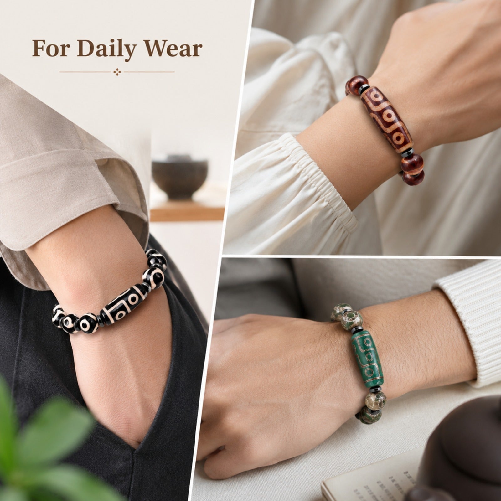 Dzi Bead Tibetan Bracelet for Men Women | Nine Eye Dzi Agate Beaded Bracelet with Hematite Spacers | Feng Shui Buddhist Meditation Amulet Adjustable Style Jewelry Brown Green Black YA5102