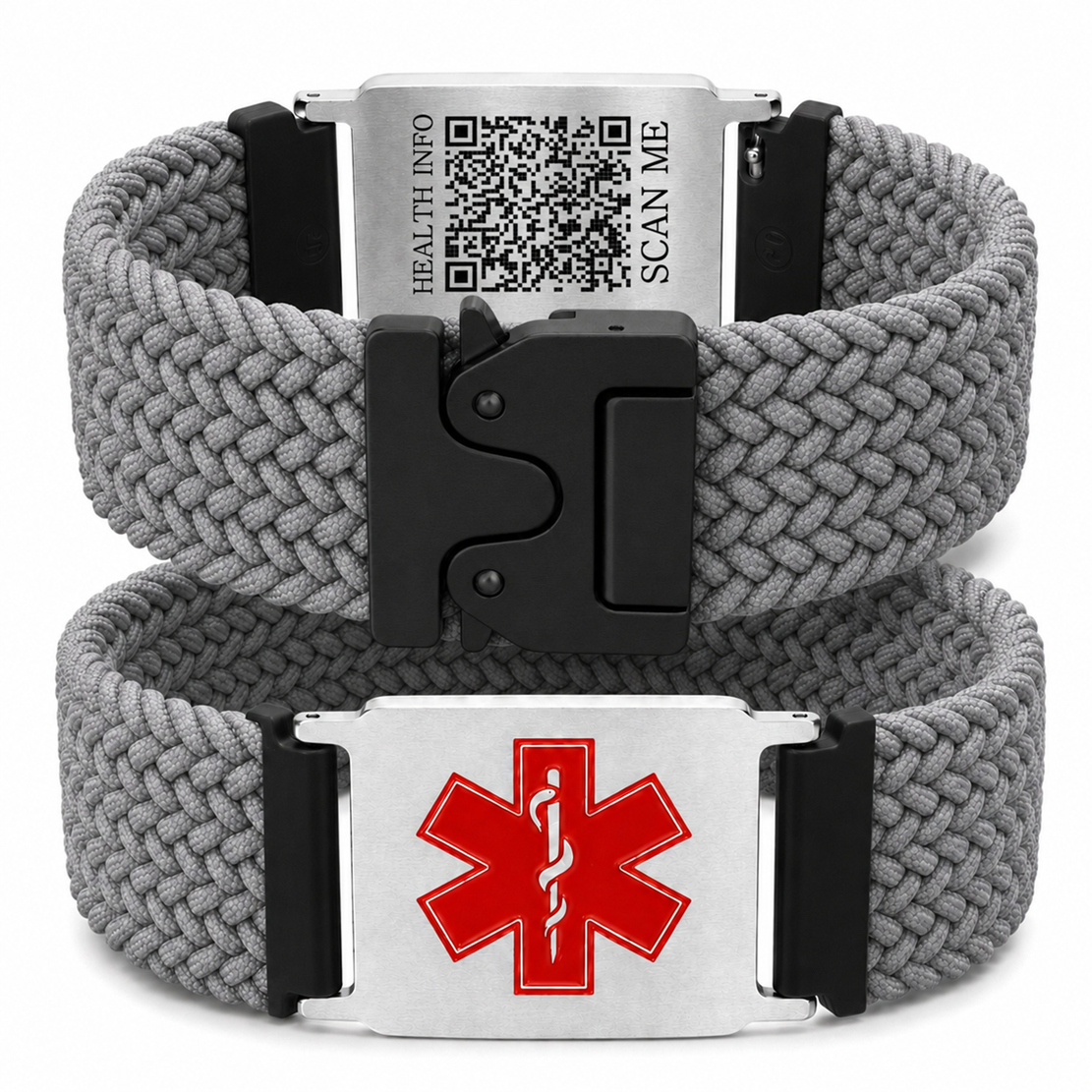 Uloveido Personalized Nylon Medical ID Bracelet with Laser-Engraved Medical Alert Tag and Dynamic QR Code, Braided Elastic Watch Band with Secure Parachute-Style Buckle, 20mm Adjustable for Men
