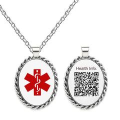 Self Editable QR Code Medical Alert Necklace – Stainless Steel Oval Medical ID Pendant, Update Health Information Anytime for Emergency, Men Women Seniors