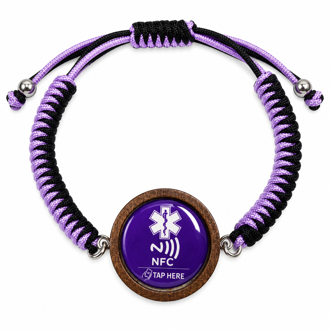 NFC Medical Alert Bracelet, Editable Medical ID, Adjustable Braided Wristband, Wooden Medical Bracelet for Women and Men