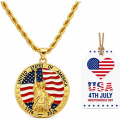 USA 250th Anniversary Necklace for Men Women, 1776 2026 Commemorative Pendant, 18K Golden Plated Brass Statue of Liberty American Flag Necklace with Stainless Steel Chain, Patriotic Jewelry Gift