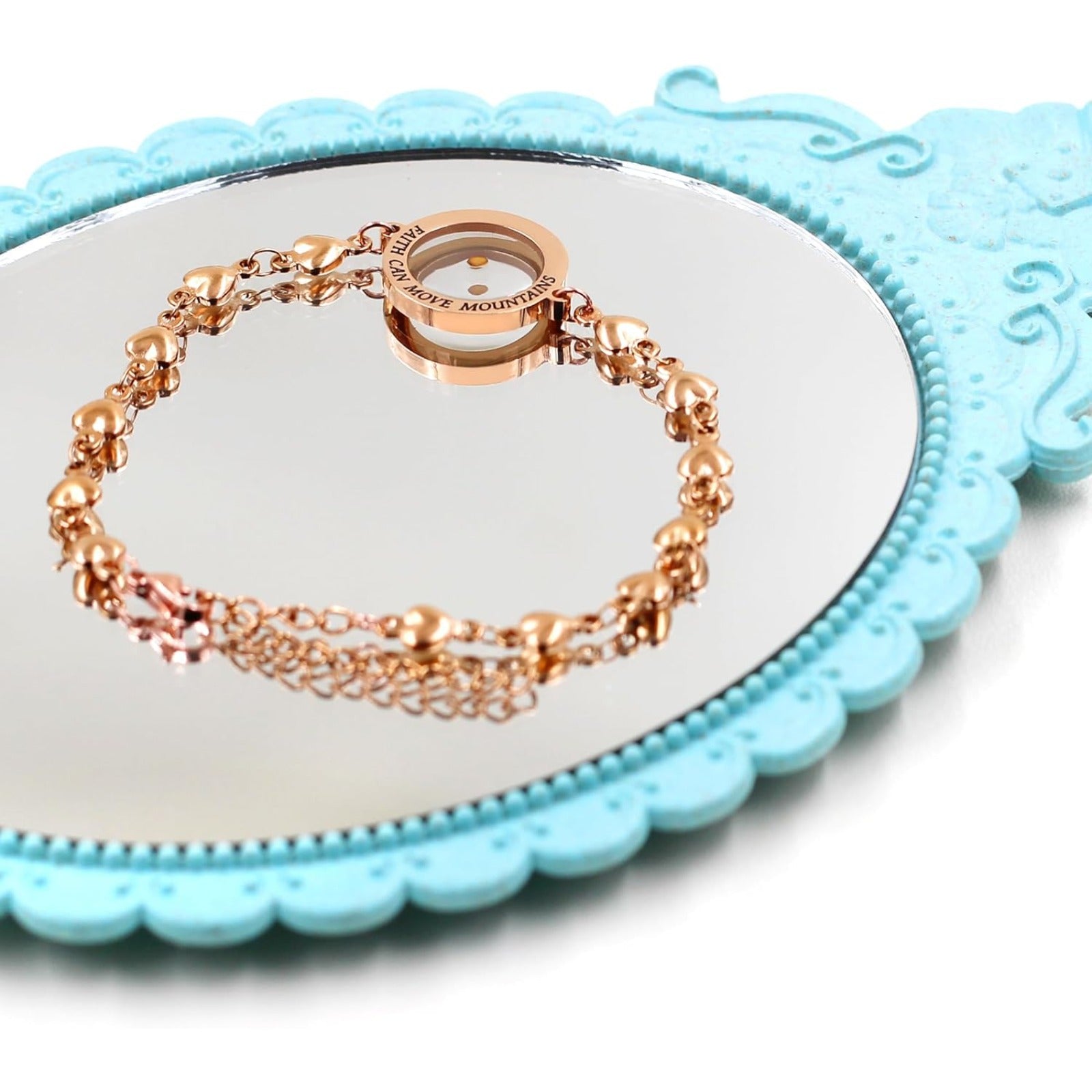 Rose Gold Stainless Steel Faith Can Move Mountains Bracelet with Heart Link Chain, Mustard Seed Charm Inspirational Jewelry