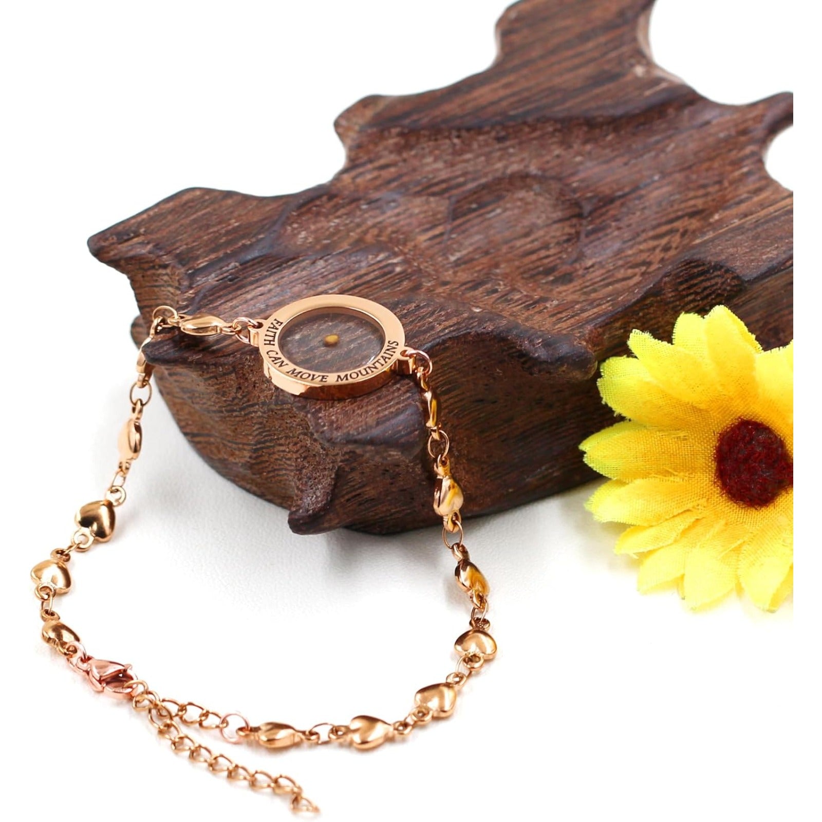 Rose Gold Stainless Steel Faith Can Move Mountains Bracelet with Heart Link Chain, Mustard Seed Charm Inspirational Jewelry
