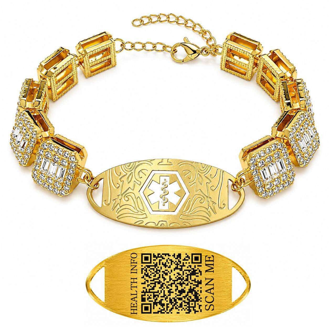 Rhinestone Medical ID Bracelet for Women, Luxury Square Link Chain Bracelet with Stainless Steel ID Plate, Custom Engraving or QR Code Emergency Information Jewelry, Adjustable Safety Bracelet