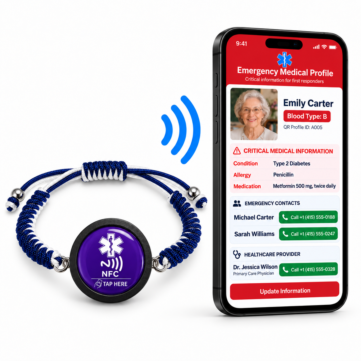 NFC Medical Alert Bracelet, Editable Medical ID, Adjustable Braided Wristband, Wooden Medical Bracelet for Women and Men